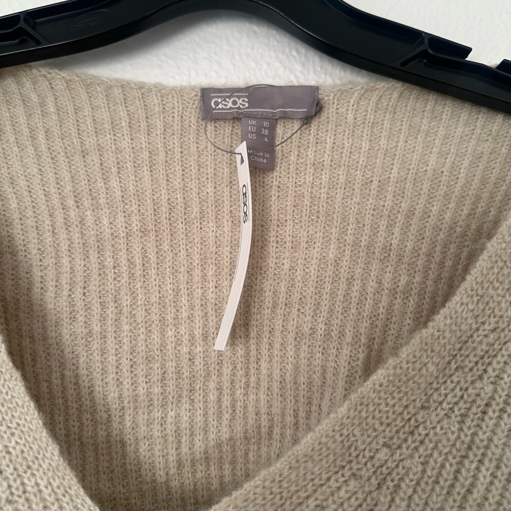 NWT ASOS Design Beige Sweater flutty v neck ribbed sweater balloon sleeve crop - Picture 3 of 4